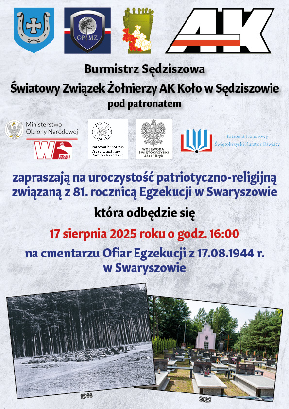 Zaproszenie na uroczystość patriotyczno-religijną związaną z 81. rocznicą Egzekucji w Swaryszowie. Czas i miejsce: 17.08.2025 r., godz. 16:00, cmentarz Ofiar Egzekucji z 17.08.1944 r. w Swaryszowie